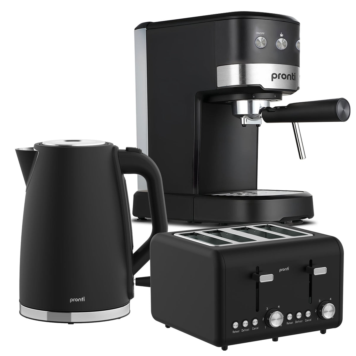 Pronti Breakfast Set with 1.25L Coffee Machine, Silver Noir Toaster & Kettle - Flavour Fushion Cooking Shop