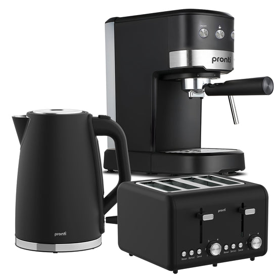 Pronti Breakfast Set with 1.25L Coffee Machine, Silver Noir Toaster & Kettle - Flavour Fushion Cooking Shop
