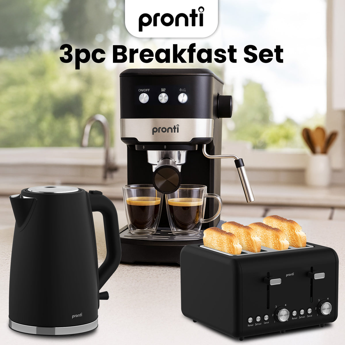 Pronti Breakfast Set with 1.25L Coffee Machine, Silver Noir Toaster & Kettle - Flavour Fushion Cooking Shop
