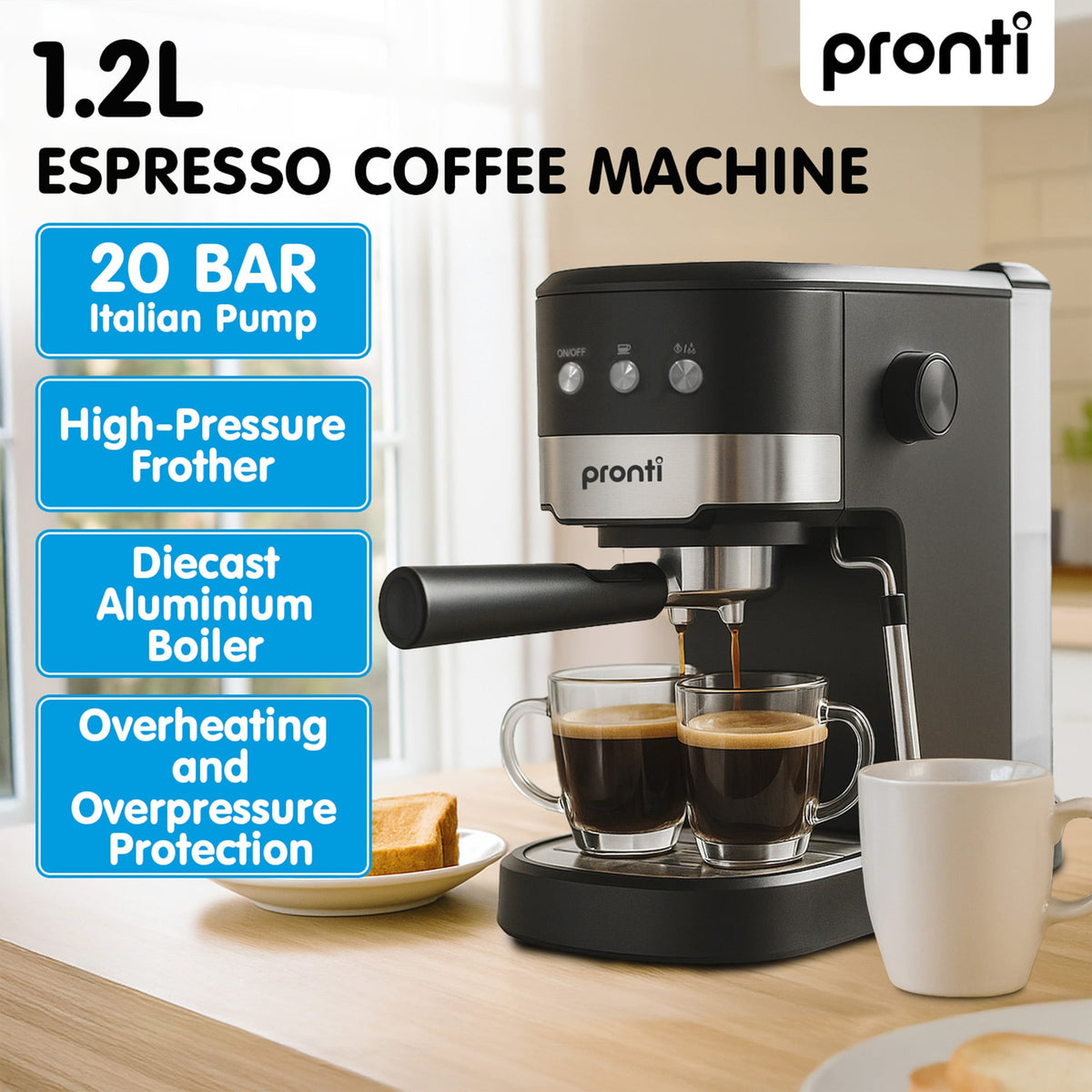Pronti Breakfast Set with 1.25L Coffee Machine, Silver Noir Toaster & Kettle - Flavour Fushion Cooking Shop