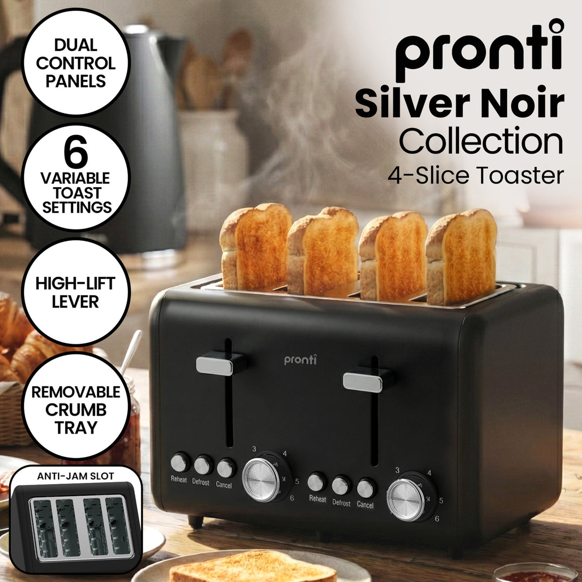 Pronti Breakfast Set with 1.25L Coffee Machine, Silver Noir Toaster & Kettle - Flavour Fushion Cooking Shop