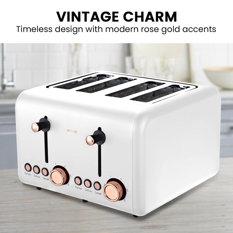 Pronti 4 Slice Toaster Rose Trim Collection - White - Flavour Fushion Cooking Shop