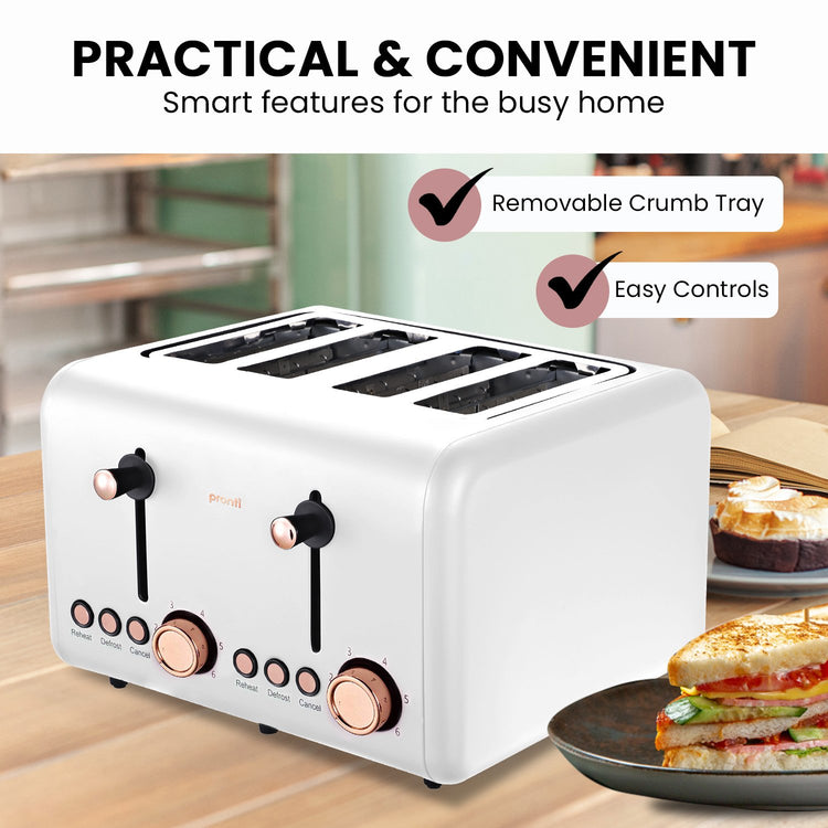 Pronti 4 Slice Toaster Rose Trim Collection - White - Flavour Fushion Cooking Shop