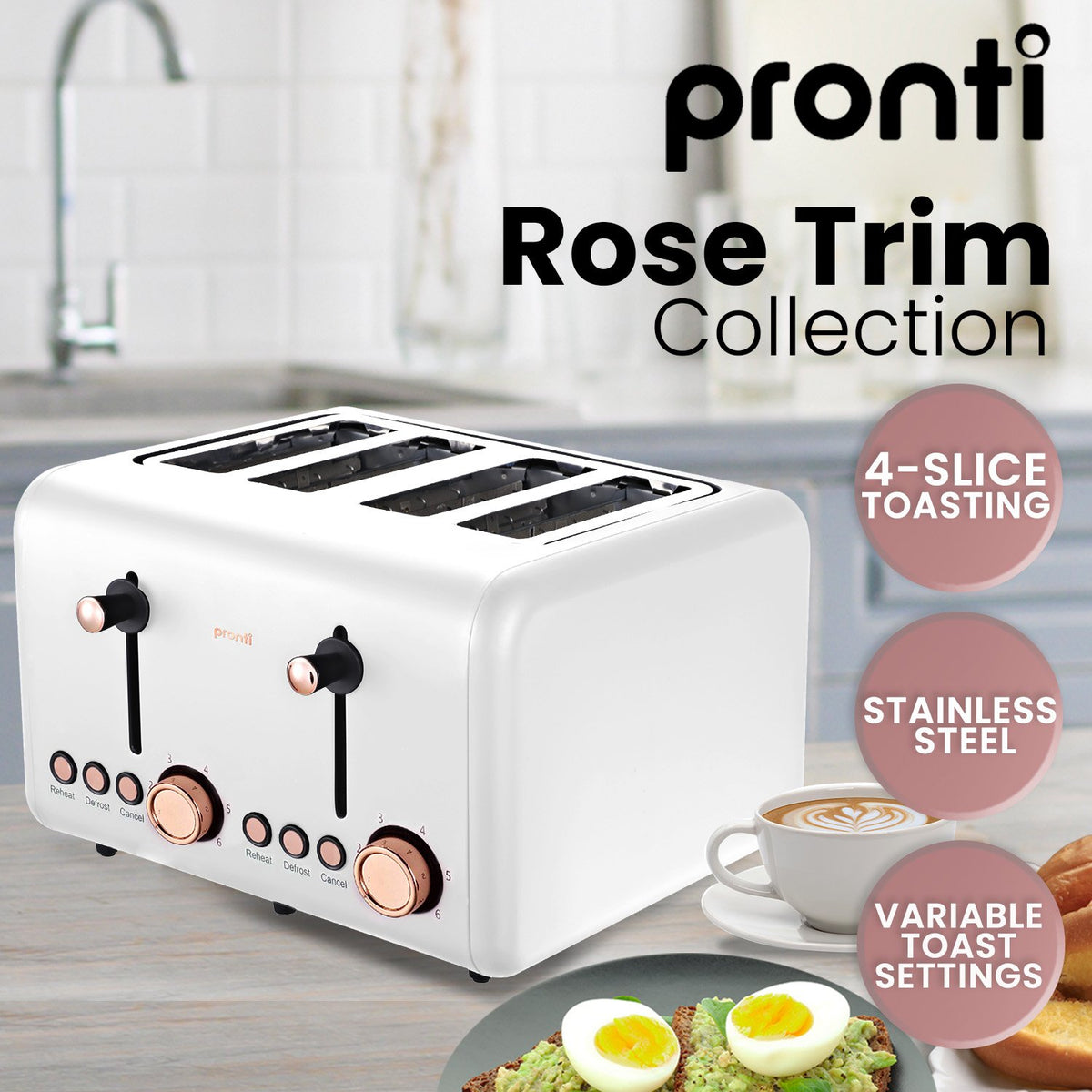 Pronti 4 Slice Toaster Rose Trim Collection - White - Flavour Fushion Cooking Shop