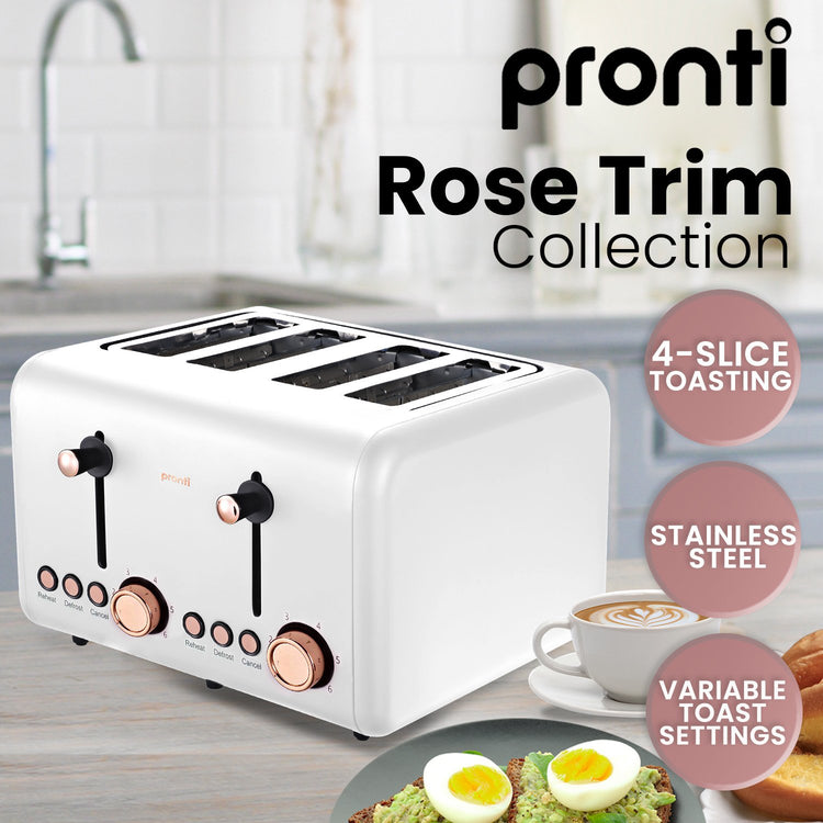 Pronti 4 Slice Toaster Rose Trim Collection - White - Flavour Fushion Cooking Shop