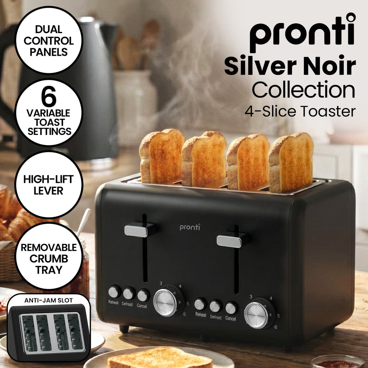 Pronti Silver Noir Collection 4 Slice Toaster with Dual Controls - Flavour Fushion Cooking Shop