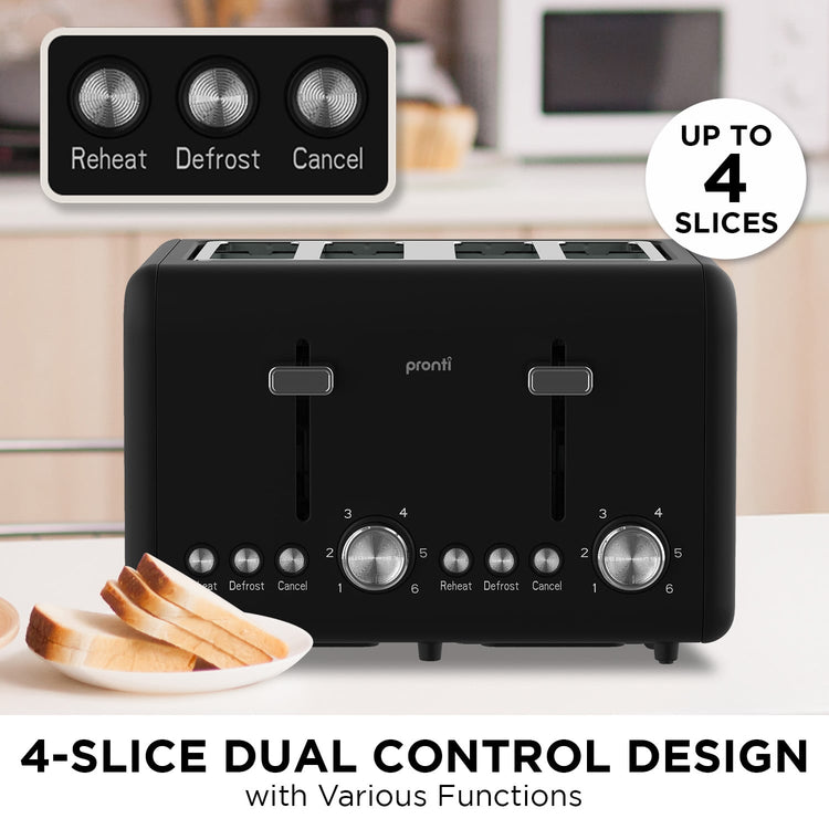 Pronti Silver Noir Collection 4 Slice Toaster with Dual Controls - Flavour Fushion Cooking Shop
