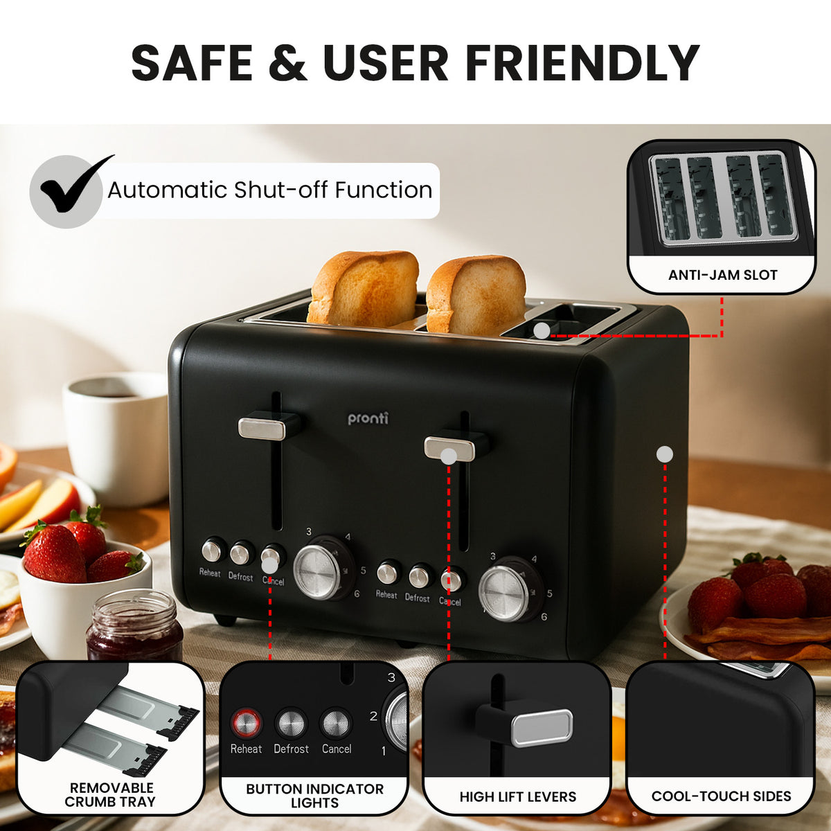 Pronti Silver Noir Collection 4 Slice Toaster with Dual Controls - Flavour Fushion Cooking Shop