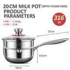 20cm 316L Stainless Steel Saucepan Compound Steel Honeycomb Nonstick Sauce Pan with Glass Lid 2.2L
