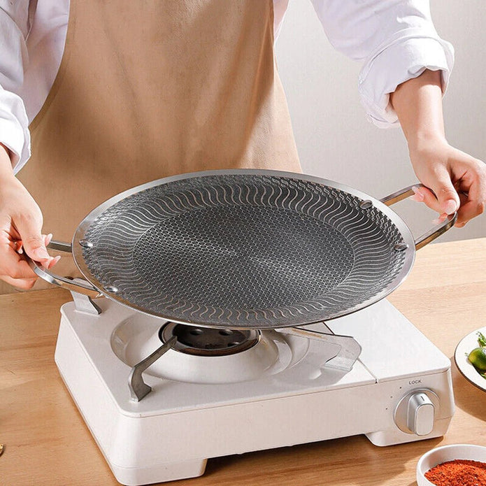 Honeycomb Non-Stick Grill Skewer Plate, 316 Stainless Steel, Portable Barbecue Grill with Handle, Universal Induction Cooktop Compatible, Round Shape, Outdoor Camping BBQ Accessory