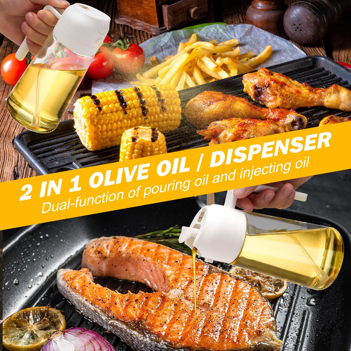 600ml 2 in 1 Glass Oil Sprayer Dispenser Kitchen Sprayz Cooking Baking Oil Bottle BBQ Spray White - Flavour Fushion Cooking Shop