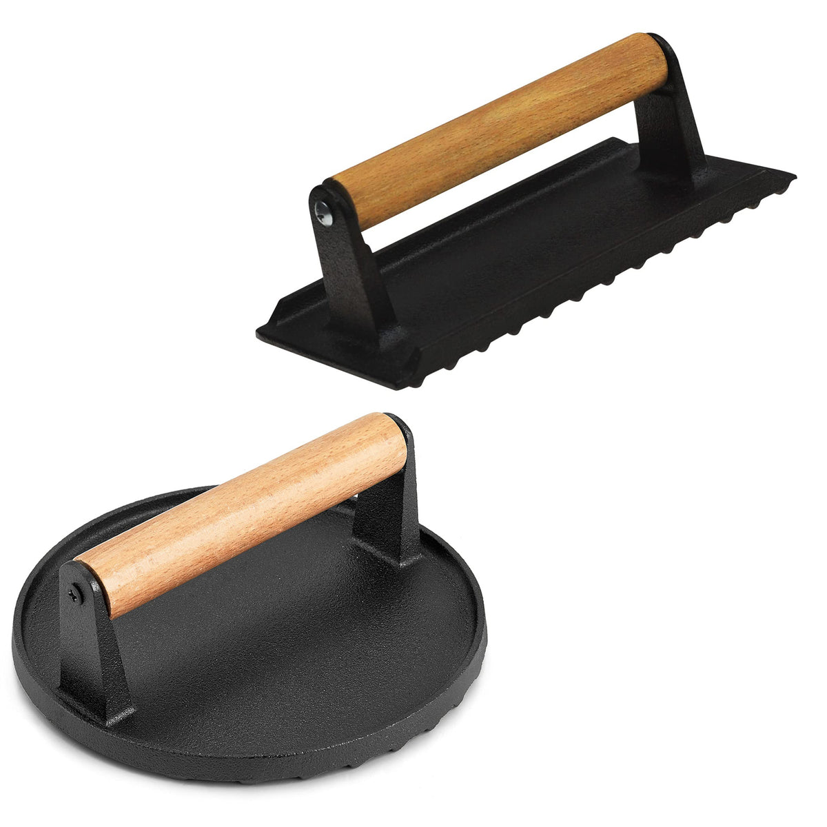 Heavy Duty Round / Rectangle Cast Iron Grill Burger Press Pre-Seasoned Steak Griddle BBQ Grilling - Flavour Fushion Cooking Shop