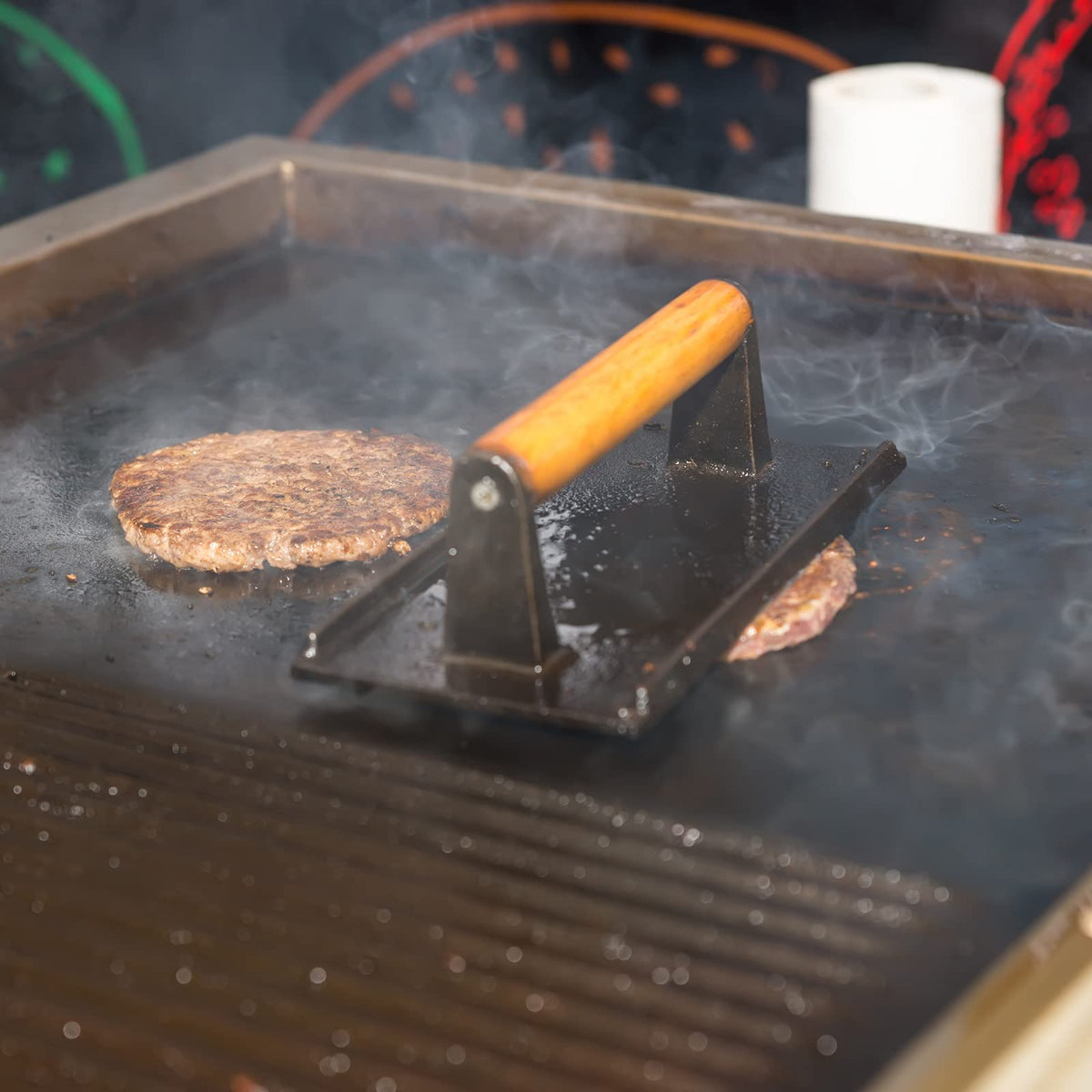 Heavy Duty Round / Rectangle Cast Iron Grill Burger Press Pre-Seasoned Steak Griddle BBQ Grilling - Flavour Fushion Cooking Shop
