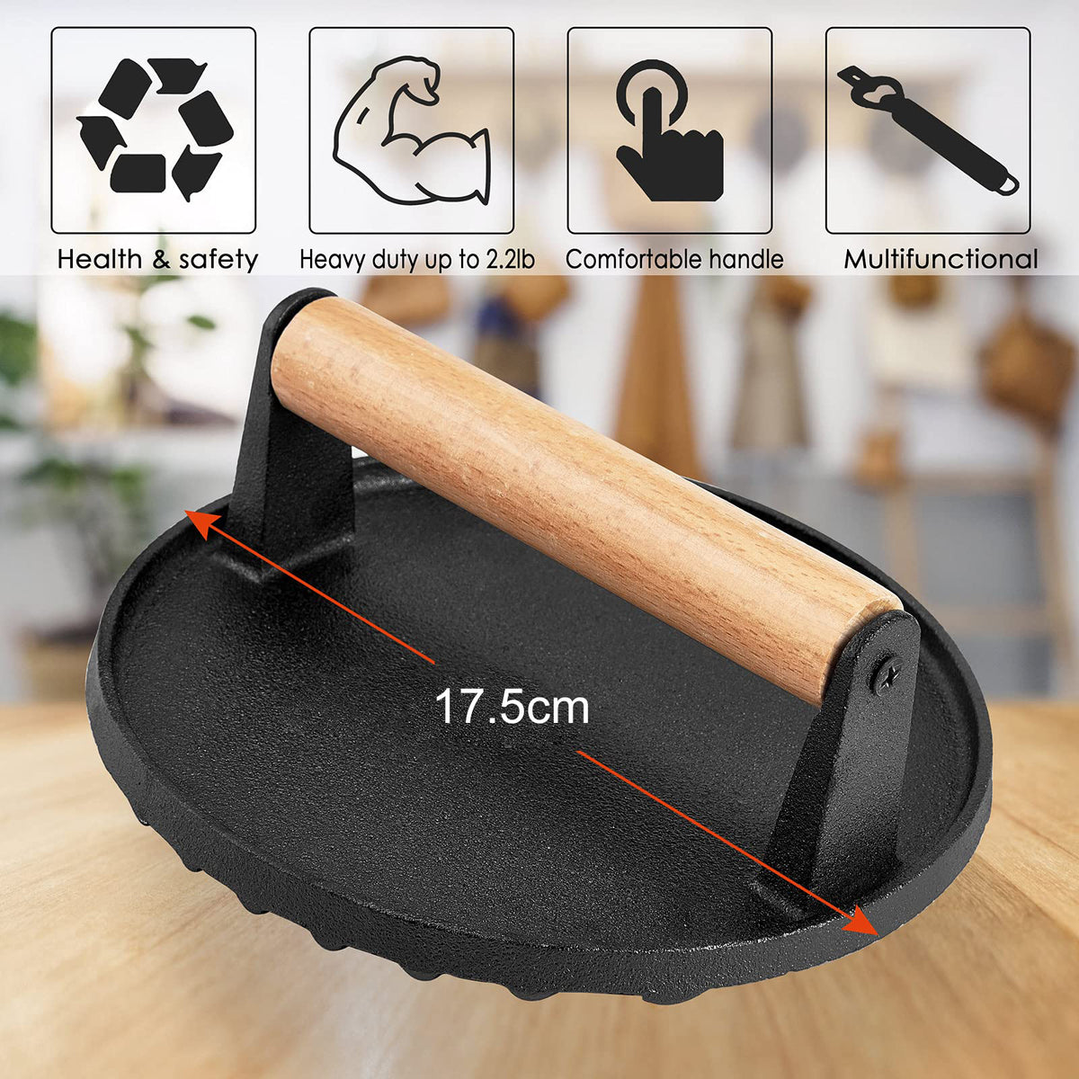 Heavy Duty Round / Rectangle Cast Iron Grill Burger Press Pre-Seasoned Steak Griddle BBQ Grilling - Flavour Fushion Cooking Shop
