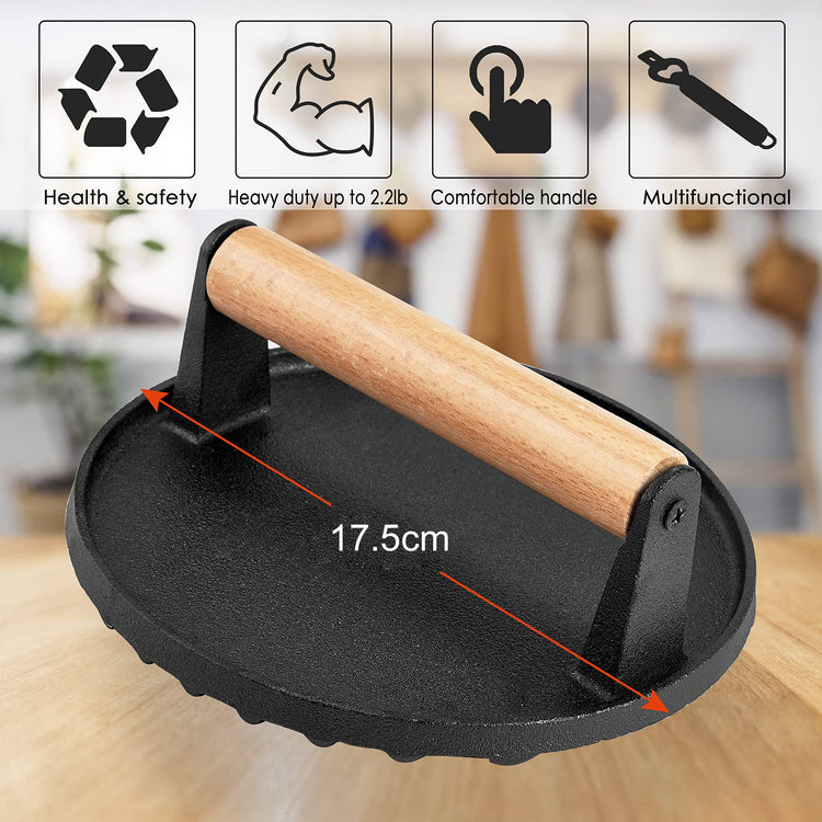 Heavy Duty Round / Rectangle Cast Iron Grill Burger Press Pre-Seasoned Steak Griddle BBQ Grilling - Flavour Fushion Cooking Shop