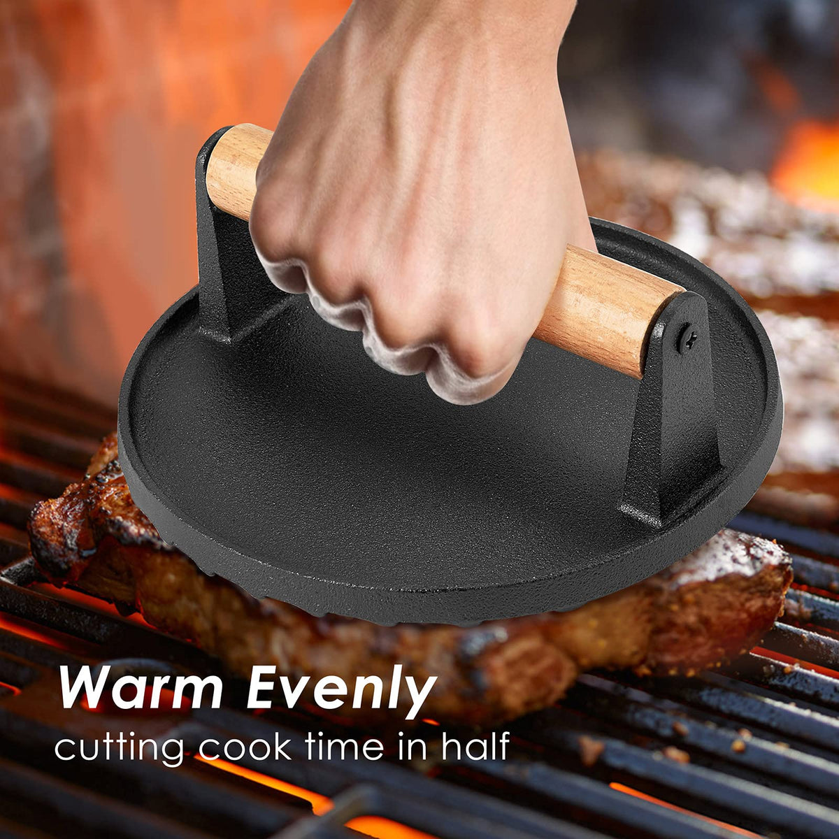 Heavy Duty Round / Rectangle Cast Iron Grill Burger Press Pre-Seasoned Steak Griddle BBQ Grilling - Flavour Fushion Cooking Shop