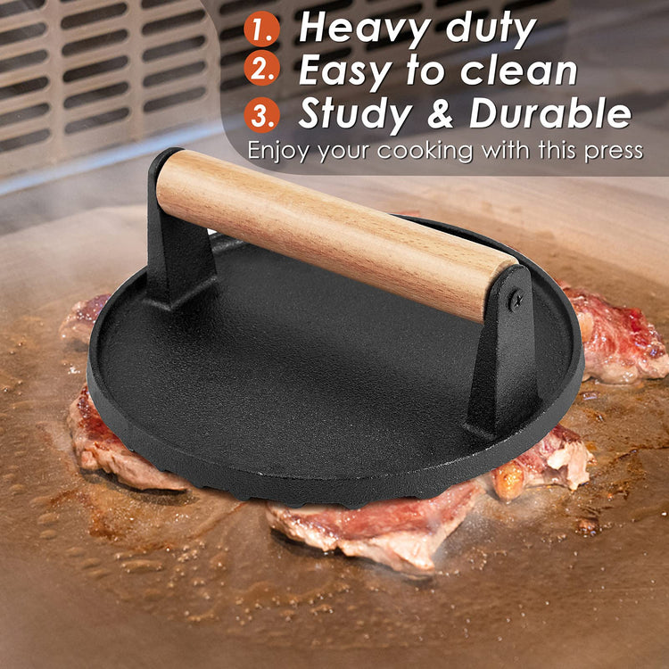 Heavy Duty Round / Rectangle Cast Iron Grill Burger Press Pre-Seasoned Steak Griddle BBQ Grilling - Flavour Fushion Cooking Shop