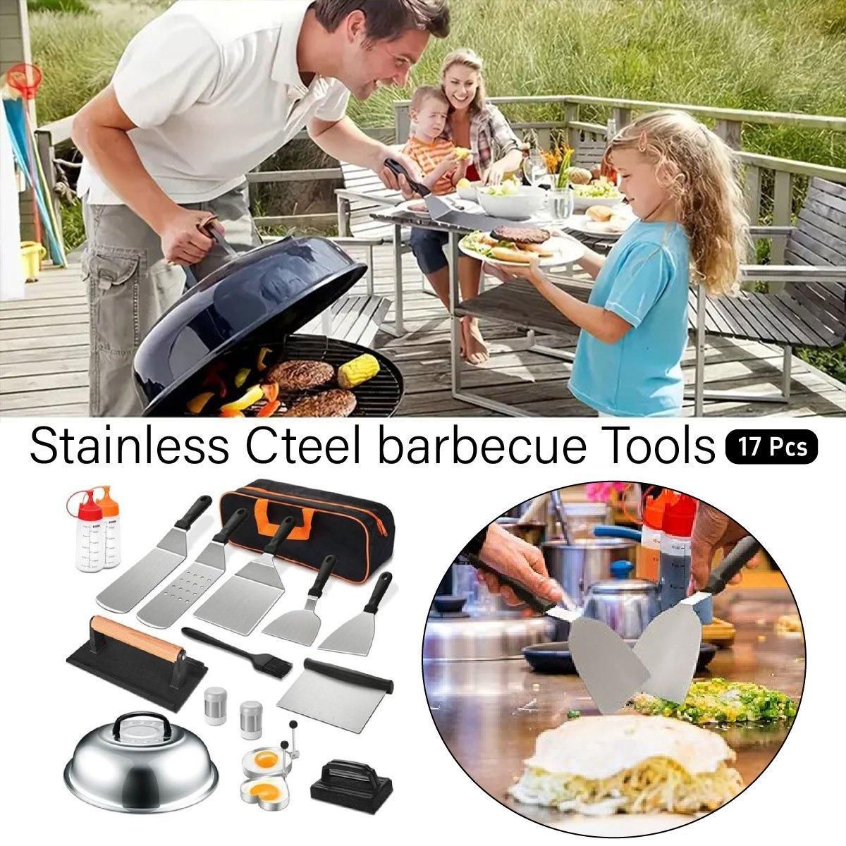 17 Piece BBQ Grill Tools Set Outdoor Barbecue Spatula Shovel Stainless Steel Kit - Flavour Fushion Cooking Shop