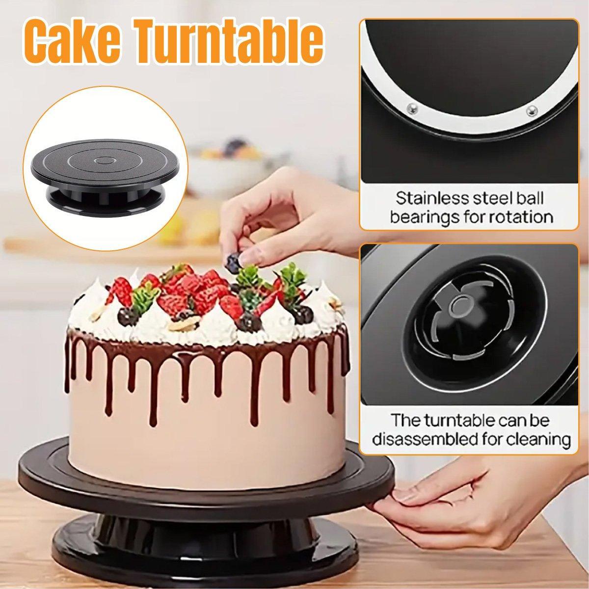 Rotating Cake Turntable Stand Black Plastic, showing a cake decorated with berries on a black plastic turntable.