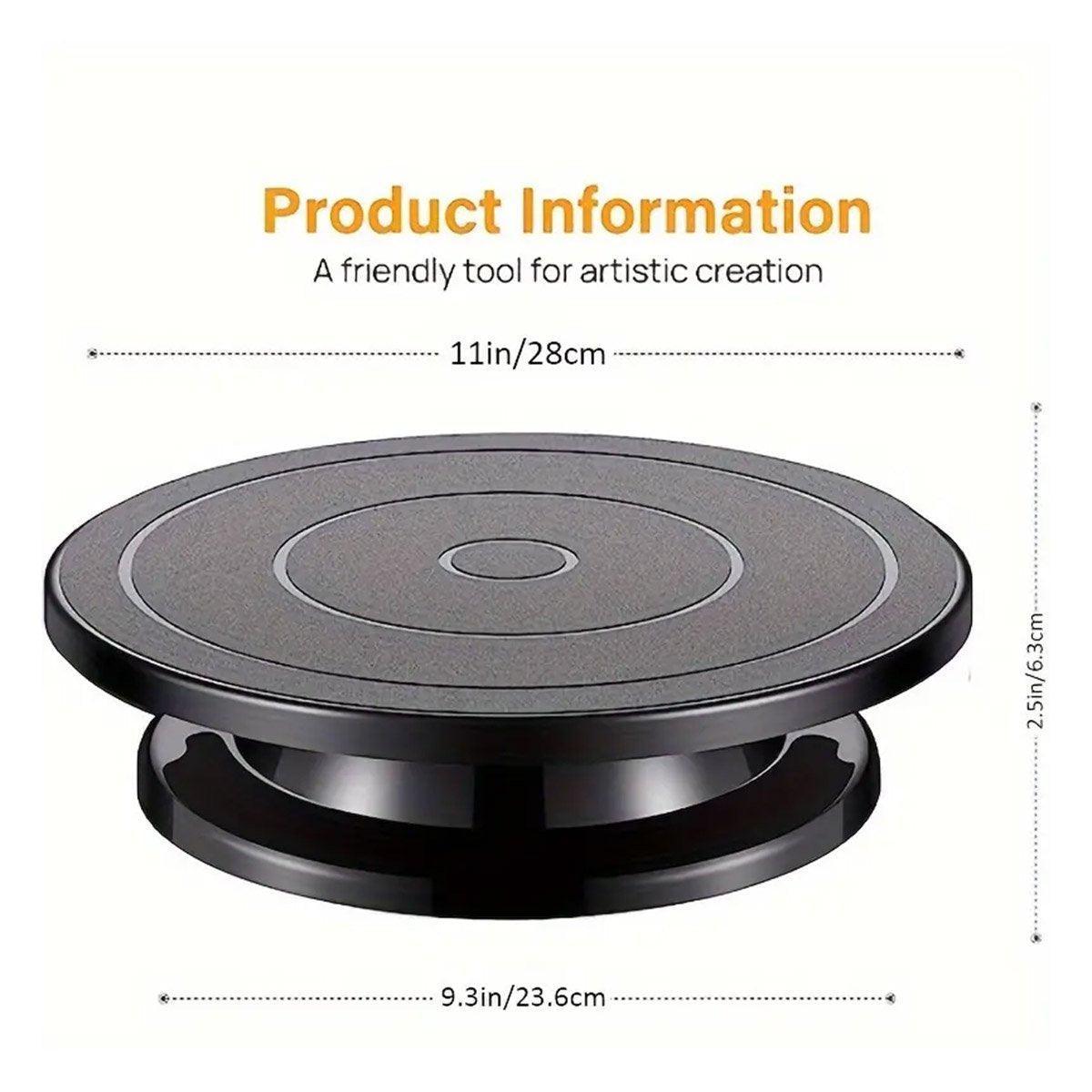 Rotating Cake Turntable Stand Black Plastic, showing a cake decorated with berries on a black plastic turntable.