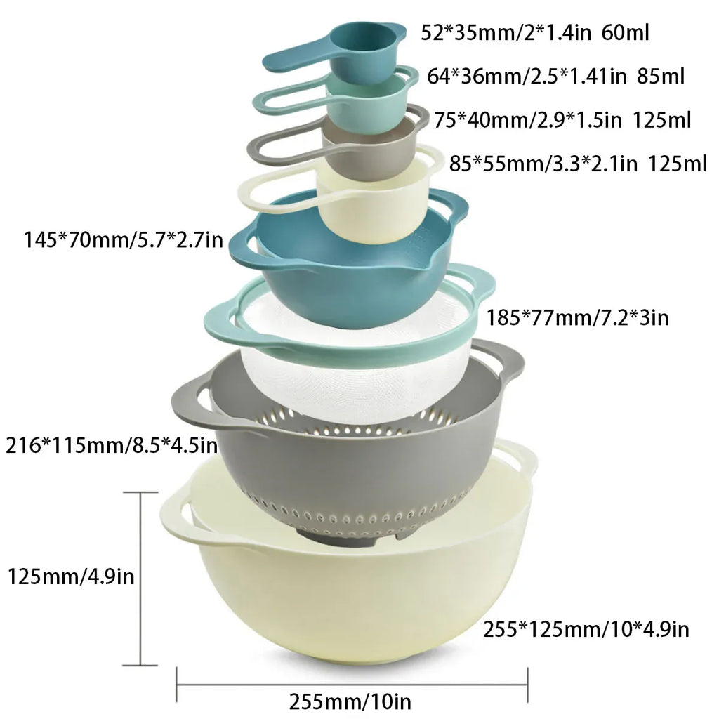 8pcs Plastic Basin Set Drain Basket Washing Mixing Bowl Set Kitchen Baking Tools
