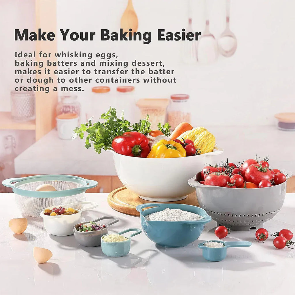 8pcs Plastic Basin Set Drain Basket Washing Mixing Bowl Set Kitchen Baking Tools