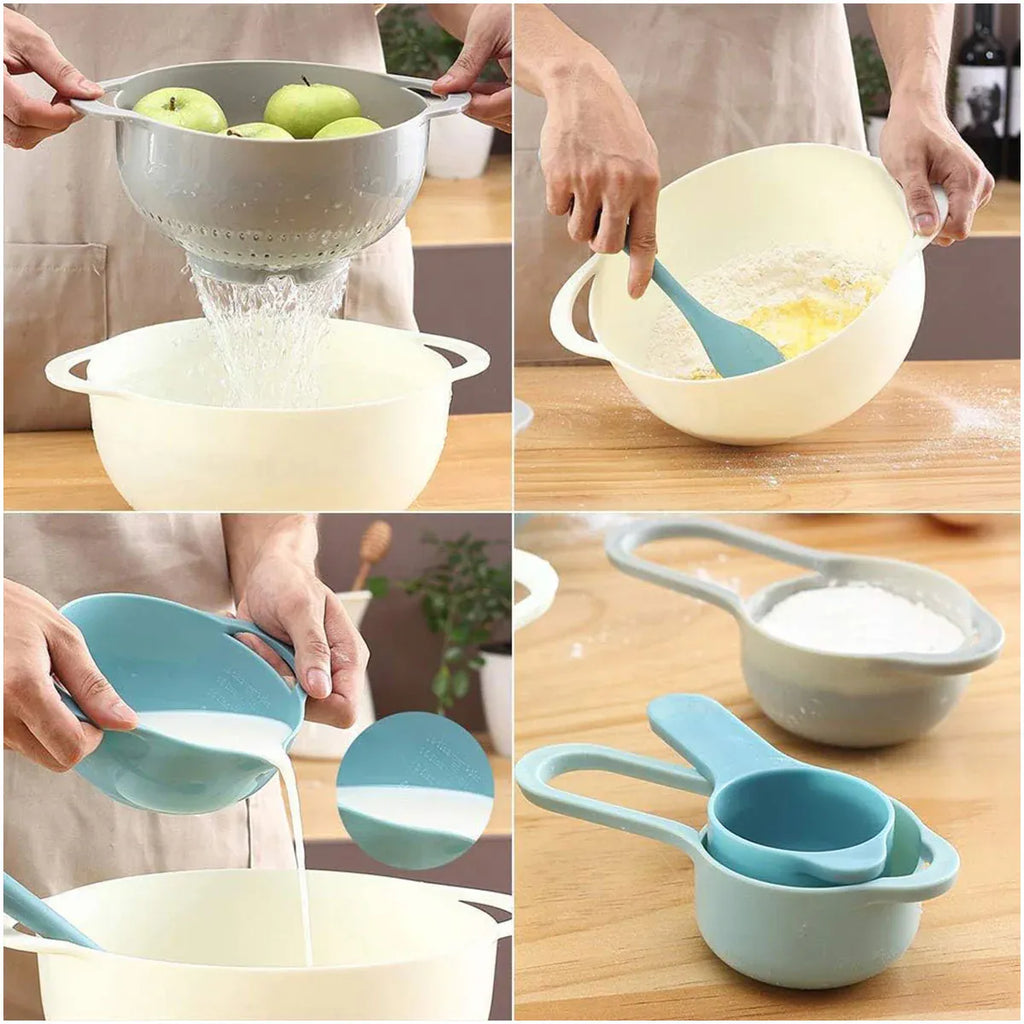 8pcs Plastic Basin Set Drain Basket Washing Mixing Bowl Set Kitchen Baking Tools