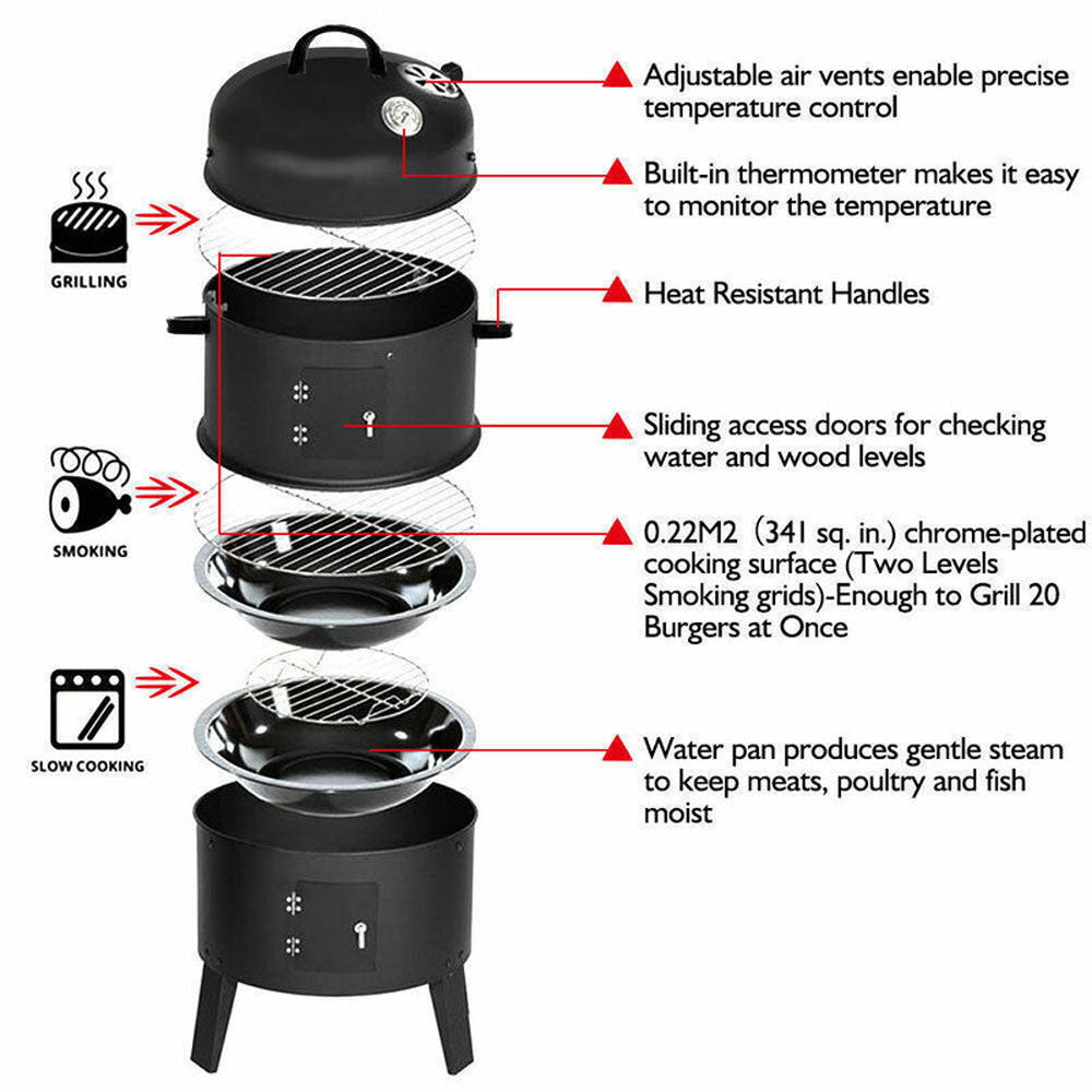 NEW 3in1 Portable Charcoal Vertical Smoker BBQ Roaster Grill Steel Water Steamer - Flavour Fushion Cooking Shop