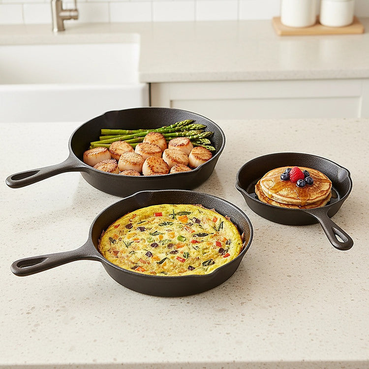 Pre-Seasoned Cast Iron Skillet Fry Pan Set – 3 Piece - Flavour Fushion Cooking Shop