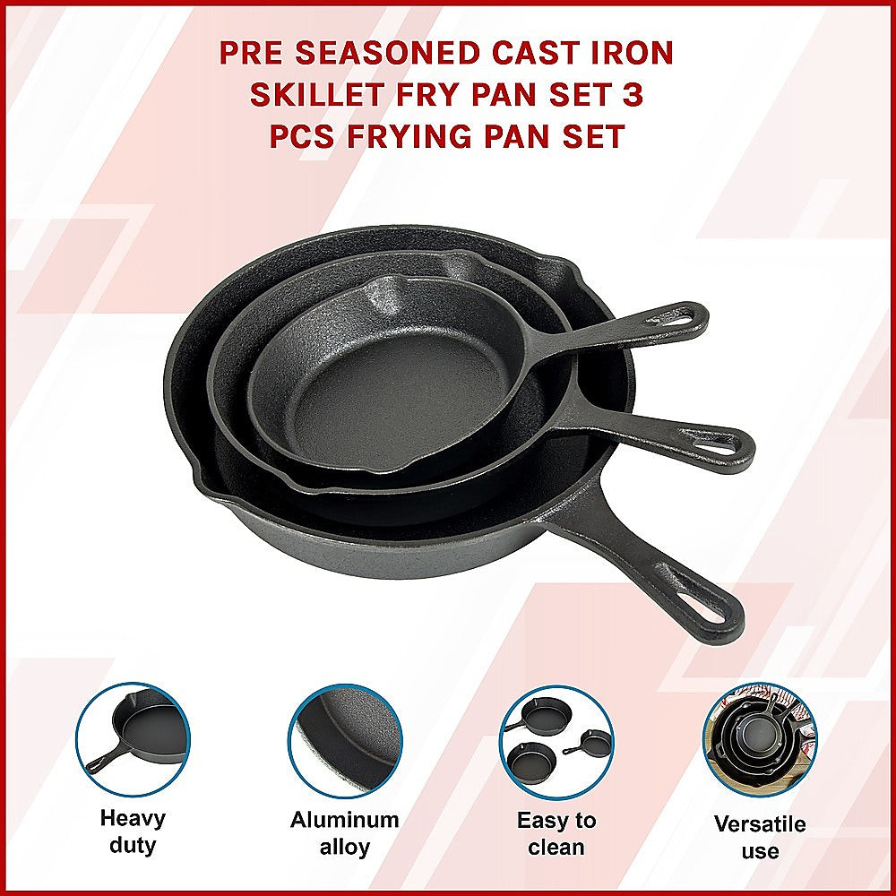 Pre-Seasoned Cast Iron Skillet Fry Pan Set – 3 Piece - Flavour Fushion Cooking Shop