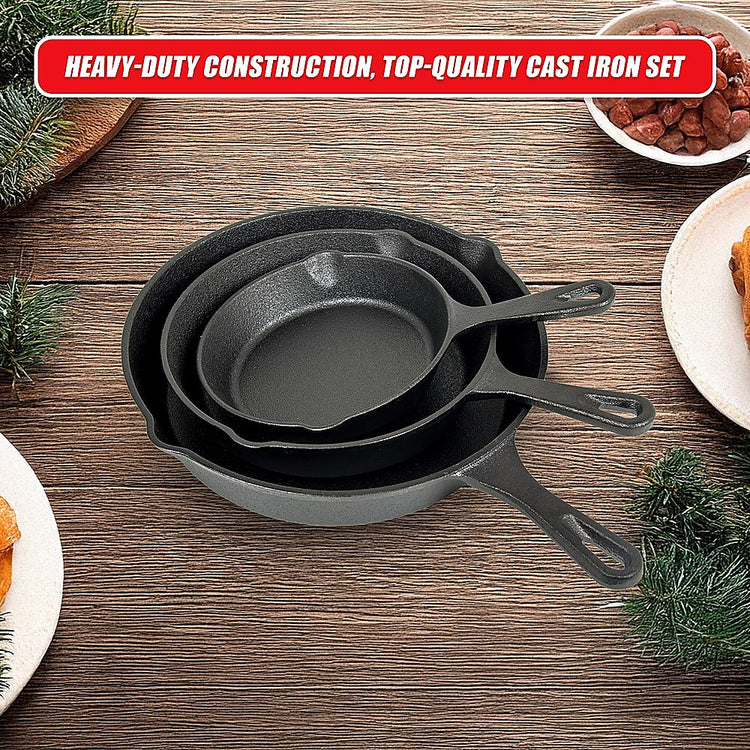 Pre-Seasoned Cast Iron Skillet Fry Pan Set – 3 Piece - Flavour Fushion Cooking Shop