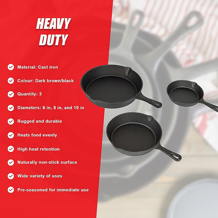 Pre-Seasoned Cast Iron Skillet Fry Pan Set – 3 Piece - Flavour Fushion Cooking Shop