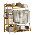 Portable Clothes Rack Coat Garment Stand Bamboo Rail Hanger Airer Closet