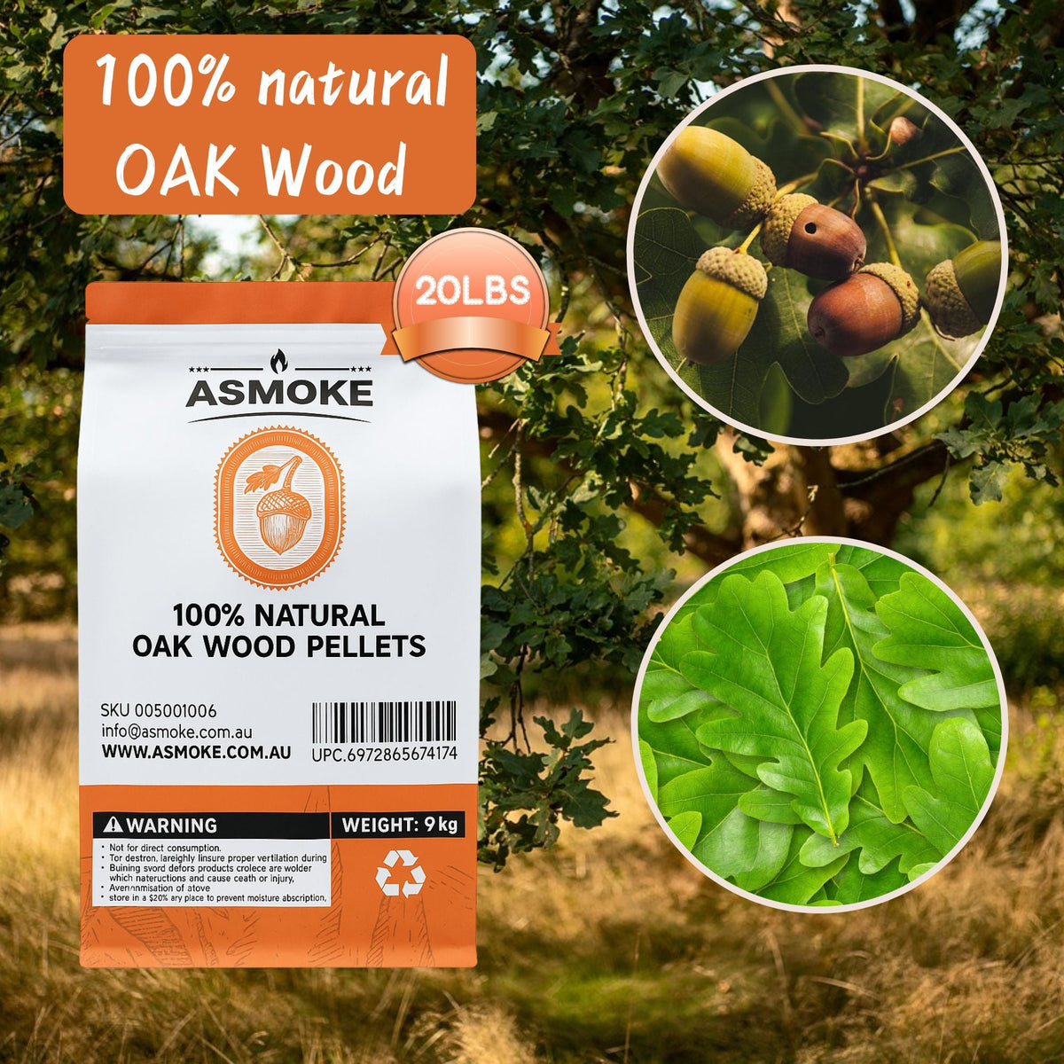ASMOKE 100% Natural Premium Oak Wood BBQ Pellets for Smoker & Grill (9kg / 20lbs) - Flavour Fushion Cooking Shop