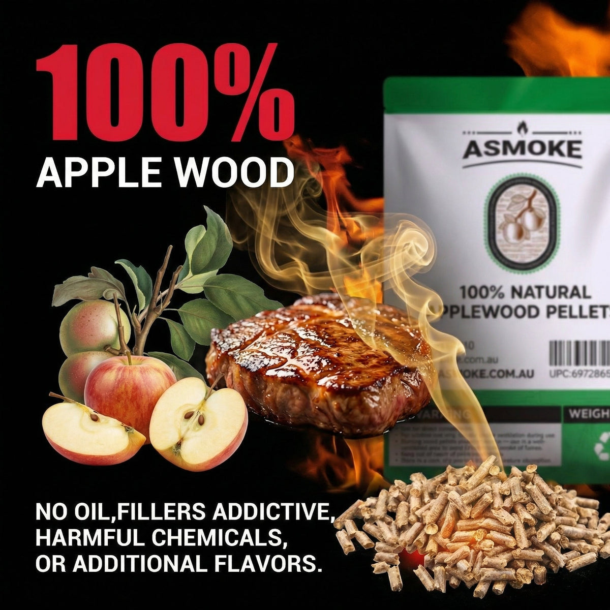 ASMOKE 100% Natural Apple Wood BBQ Smoker Pellets (2.27kg) - Premium Fruit Hardwood for Chicken & Pork - Flavour Fushion Cooking Shop