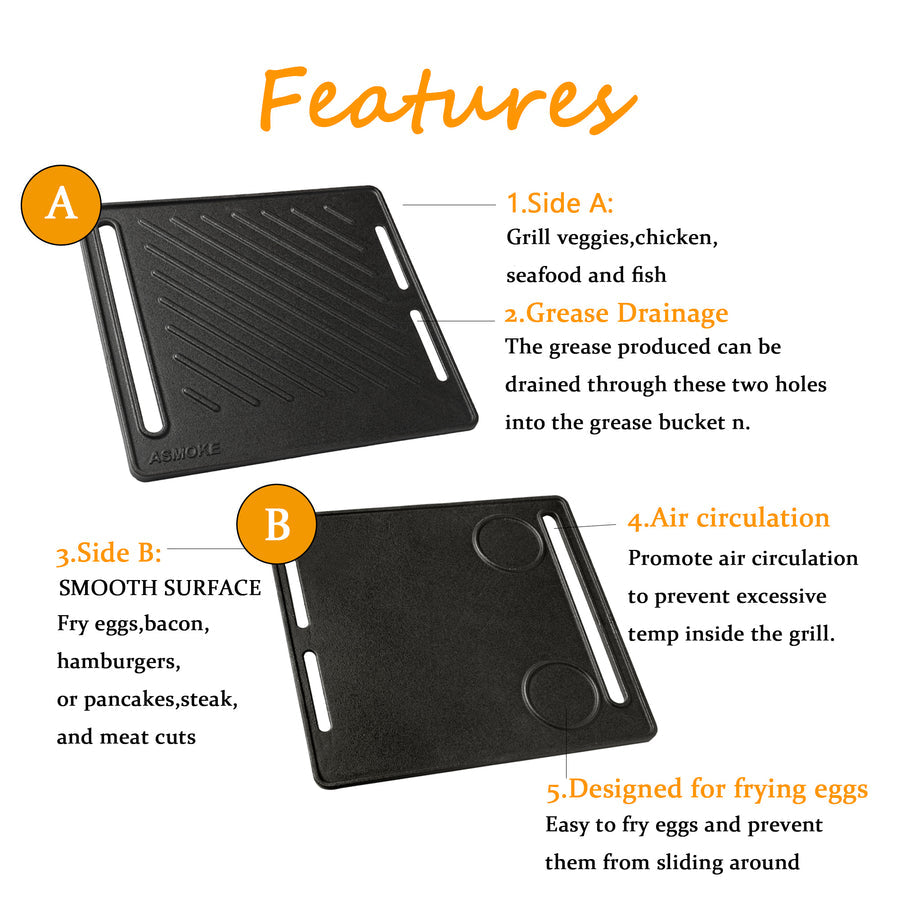 ASMOKE Pre-Seasoned Matte Enamel Cast Iron Reversible Grill/Griddle - Flavour Fushion Cooking Shop