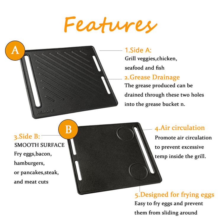 ASMOKE Pre-Seasoned Matte Enamel Cast Iron Reversible Grill/Griddle - Flavour Fushion Cooking Shop