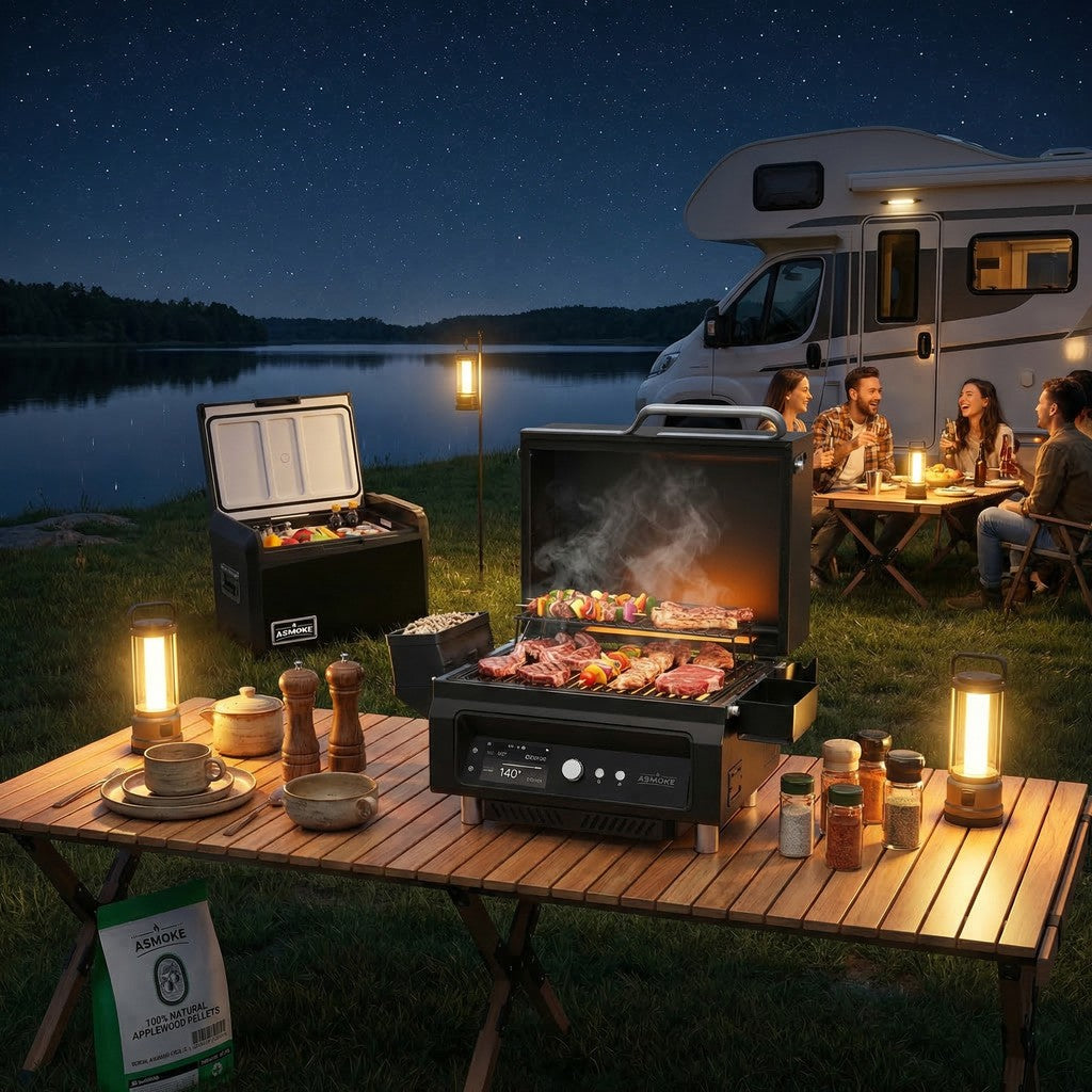 ASMOKE Essential Portable Wood Pellet Grill & 47L Mini Fridge Bundle + 5lb Apple Wood Pellets - Flavour Fushion Cooking Shop