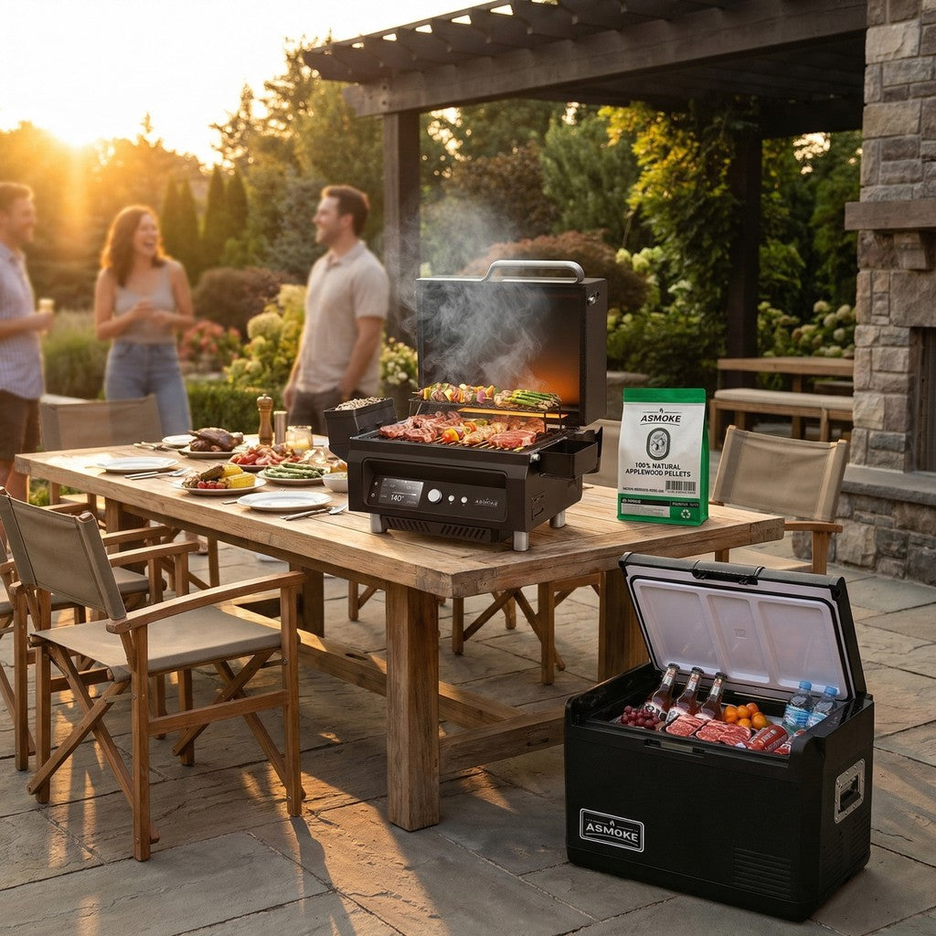 ASMOKE Essential Portable Wood Pellet Grill & 47L Mini Fridge Bundle + 5lb Apple Wood Pellets - Flavour Fushion Cooking Shop