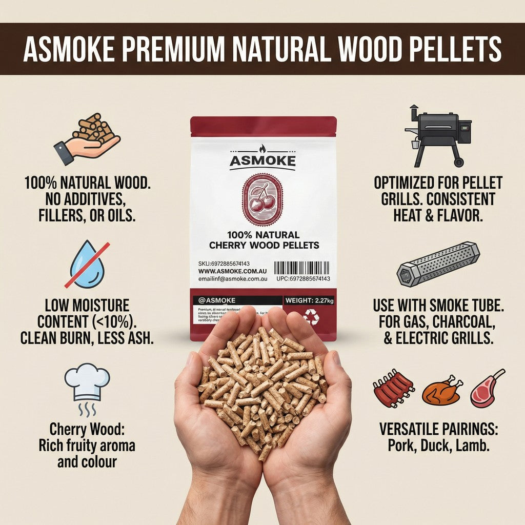 ASMOKE 19kg (40lbs) Premium Cherry Wood BBQ Smoker Pellets Bulk Bundle (8 x 2.27kg Bags) - Flavour Fushion Cooking Shop