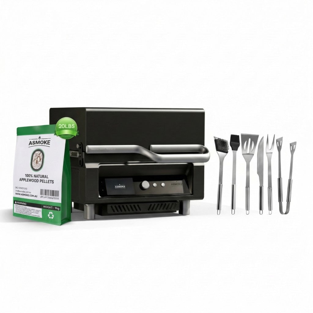 ASMOKE Essential Portable Smart Wood Pellet Grill Smoker & 6pc BBQ Tool Set + 20lb Applewood Pellets Bundle - Flavour Fushion Cooking Shop