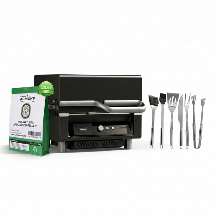 ASMOKE Essential Portable Smart Wood Pellet Grill Smoker & 6pc BBQ Tool Set + 20lb Applewood Pellets Bundle - Flavour Fushion Cooking Shop