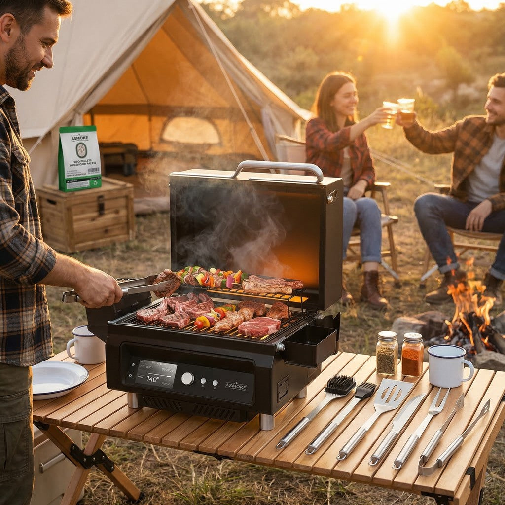 ASMOKE Essential Portable Smart Wood Pellet Grill Smoker & 6pc BBQ Tool Set + 20lb Applewood Pellets Bundle - Flavour Fushion Cooking Shop