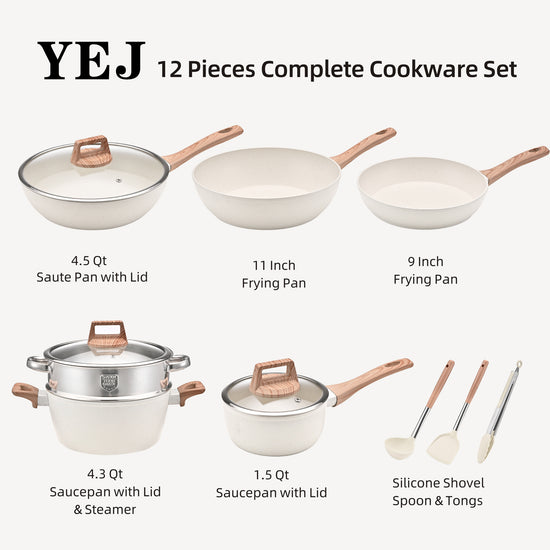 YEJ 12-Piece Non-Stick Complete Cookware Set | Pots, Pans & Utensils  (White) - Flavour Fushion Cooking Shop