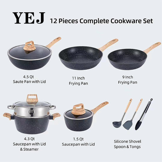 YEJ 12-Piece Non-Stick Complete Cookware Set | Pots, Pans & Utensils  (Black) - Flavour Fushion Cooking Shop