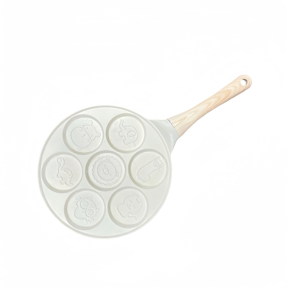 Beige Cartoon + Wood Grain Handle (Gas Model) Non-Stick Pancake Pan - 7-Hole Fun Shapes Breakfast Griddle (27cm) - Flavour Fushion Cooking Shop
