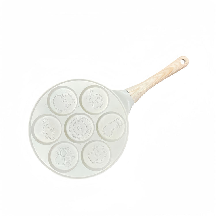 Beige Cartoon + Wood Grain Handle (Gas Model) Non-Stick Pancake Pan - 7-Hole Fun Shapes Breakfast Griddle (27cm) - Flavour Fushion Cooking Shop