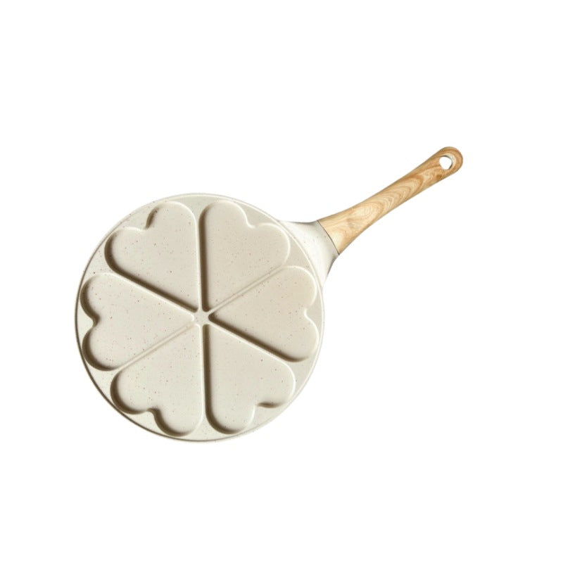 Beige Heart + Wood Grain Handle (Gas Model) Non-Stick Pancake Pan - 7-Hole Fun Shapes Breakfast Griddle (27cm) - Flavour Fushion Cooking Shop