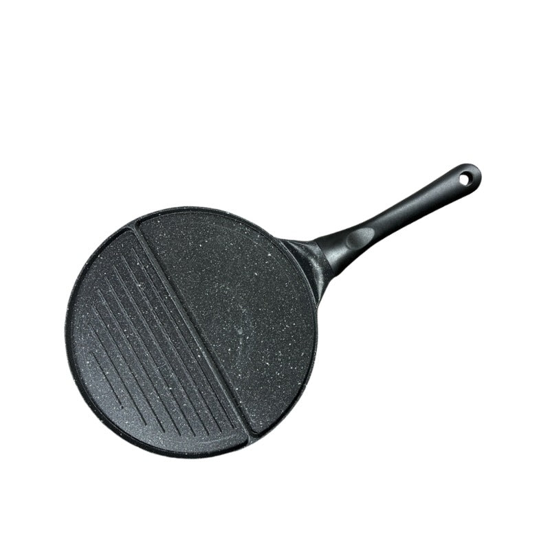 Black Double Compartment + Black Handle Non-Stick Pancake Pan - 7-Hole Fun Shapes Breakfast Griddle (27cm) - Flavour Fushion Cooking Shop