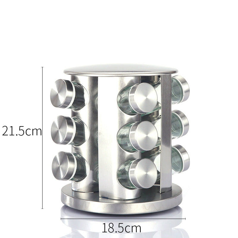 Modern stainless steel round rotating spice rack with 12 empty glass jars (88 ml each) - Flavour Fushion Cooking Shop